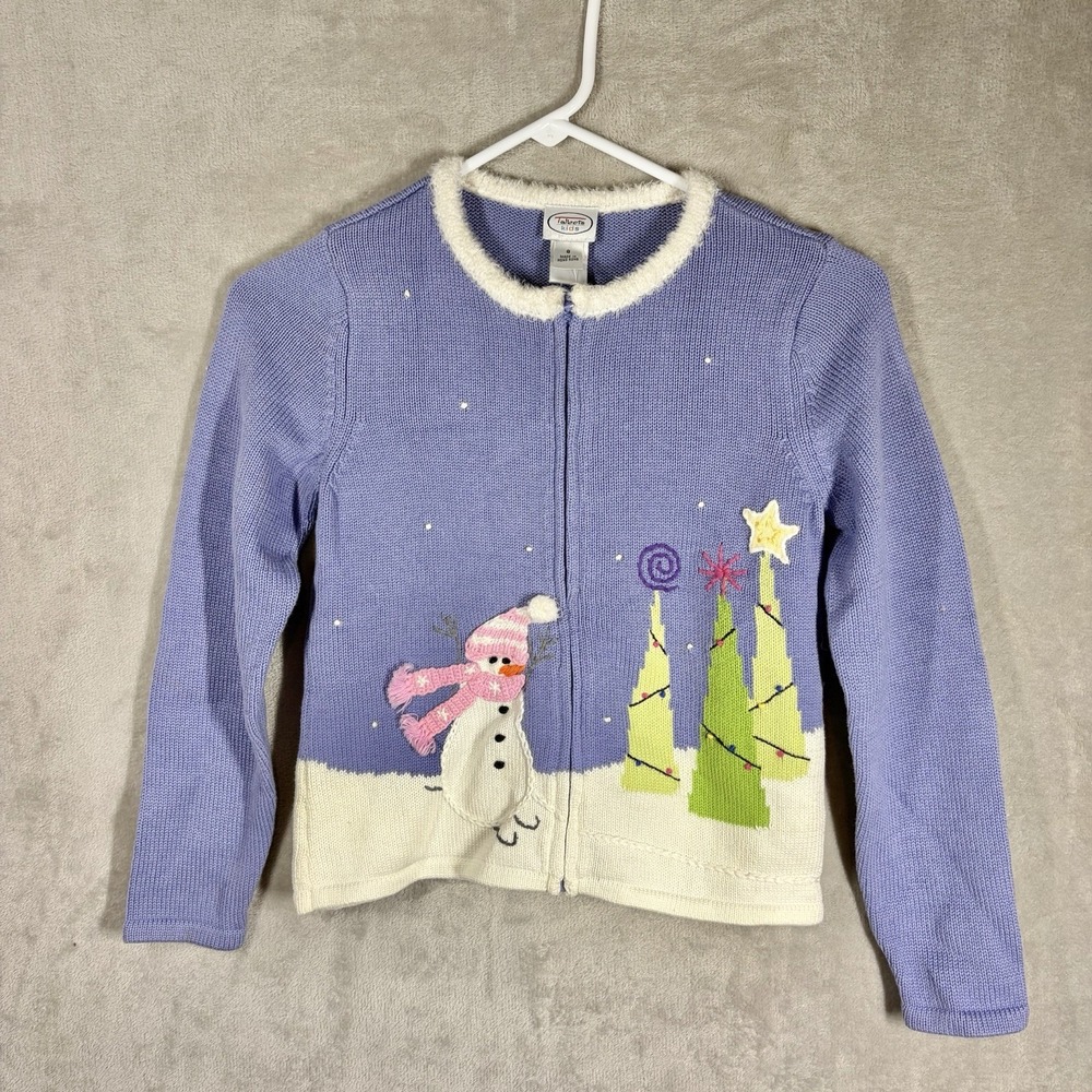 Talbots Kids 3D Holiday Cardigan Sweater Size 8 Pastel Christmas Winter Snowman
